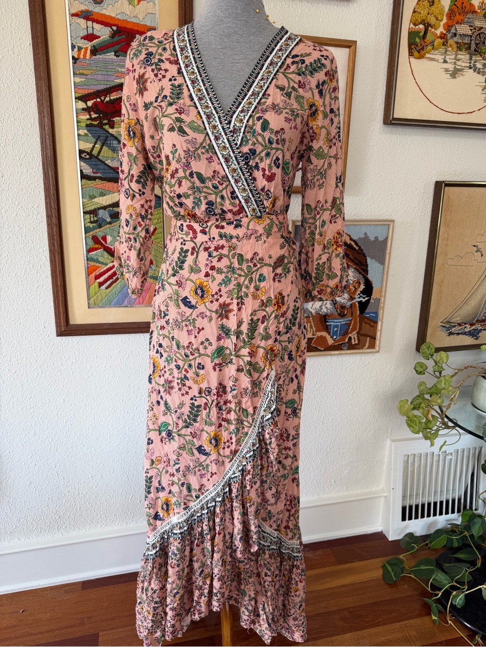 FARM Rio Pink Floral Wrap Maxi Dress with Contrast Trim